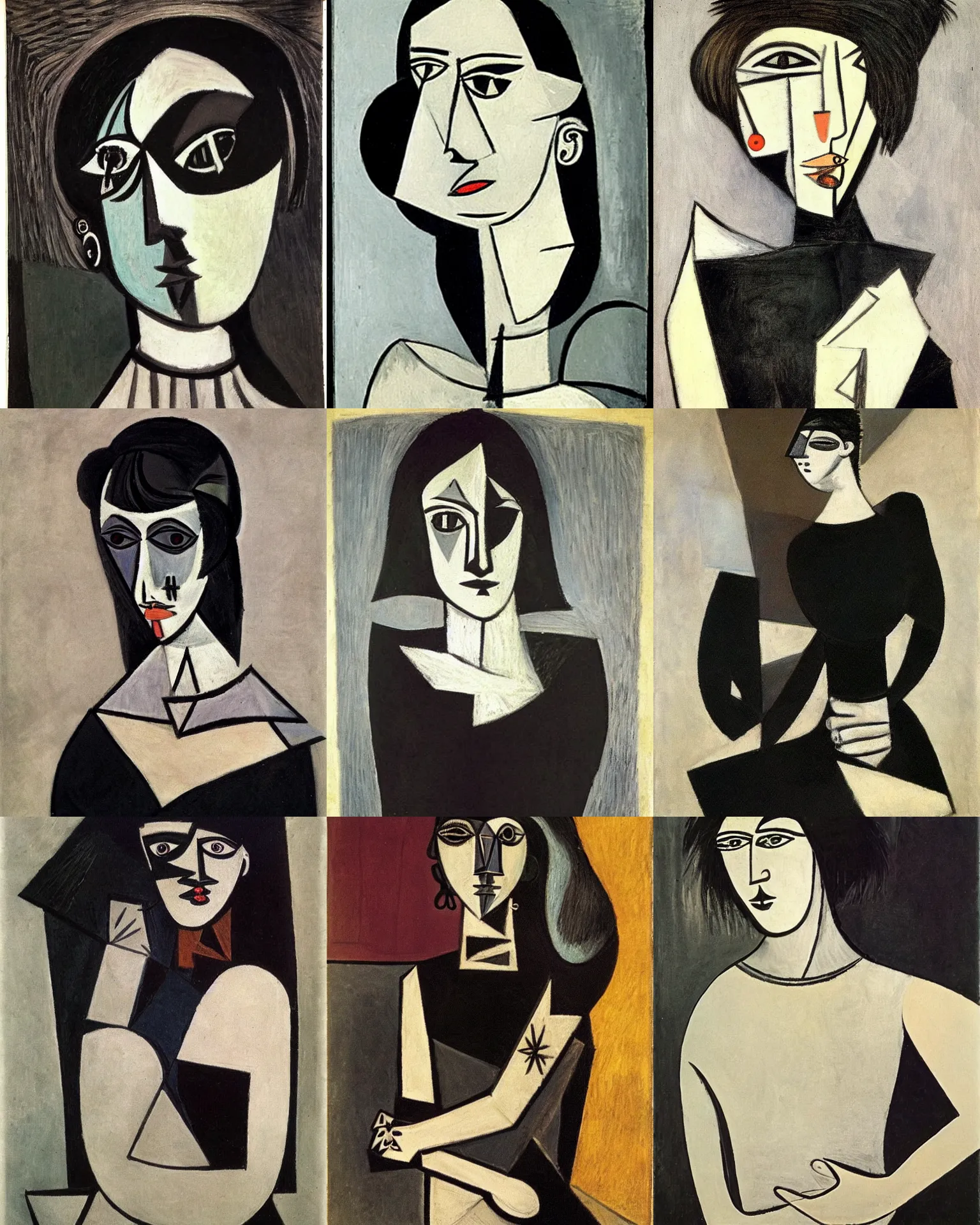 Prompt: a goth by Pablo Picasso. Her hair is dark brown and cut into a short, messy pixie cut. She has a slightly rounded face, with a pointed chin, large entirely all pitch-black eyes, and a small nose. She is wearing a black tank top, a black leather jacket, a black knee-length skirt, a black choker, and black leather boots.