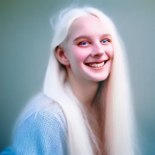 Image similar to beautiful hyperreal portrait of a cute thing young woman smiling softly, long white hair, flushed face, blue eyes, golden hour, soft focus, 8 k, portra 4 0 0