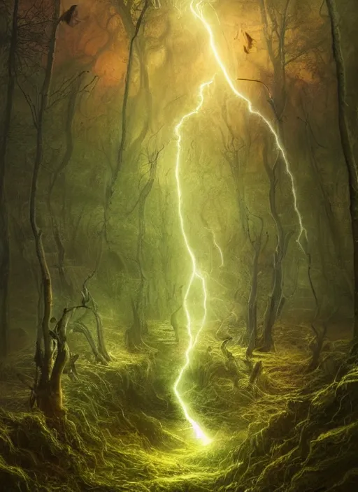 Image similar to photo of a crazy wasp, warped reality, cinematic lighting, magical forest, thunderstorm, flood, fantasy landscape, artstation, art by alison watt, altichiero, americo makk, arthur hughes