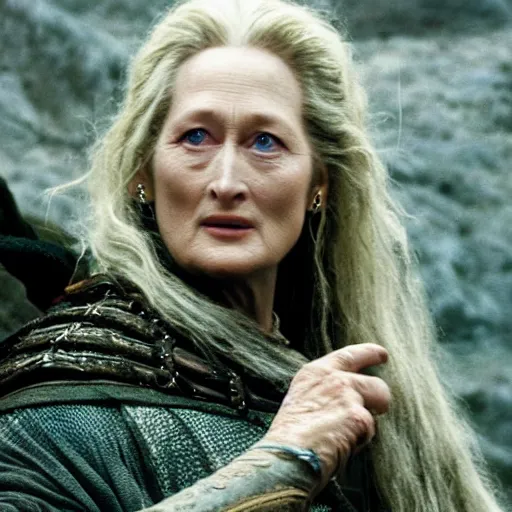 Image similar to first photos of 2 0 2 4 female lotr remake - meryl streep as denethor, ( eos 5 ds r, iso 1 0 0, f / 8, 1 / 1 2 5, 8 4 mm, postprocessed, crisp face, facial features )