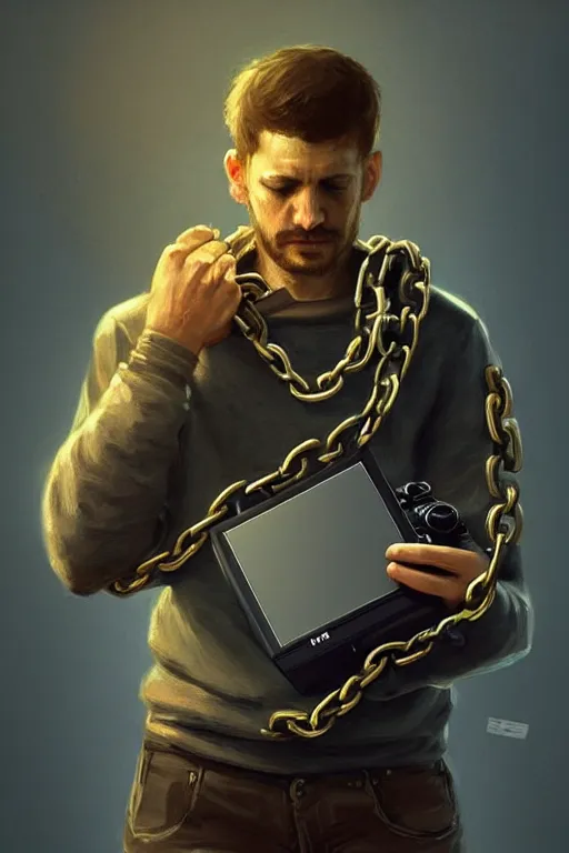 Prompt: very tired man holding gaming console in hands. he is chained to the console, intricate, elegant, highly detailed, digital painting, artstation, concept art, addiction, chains, smooth, sharp focus, illustration, art by ilja repin