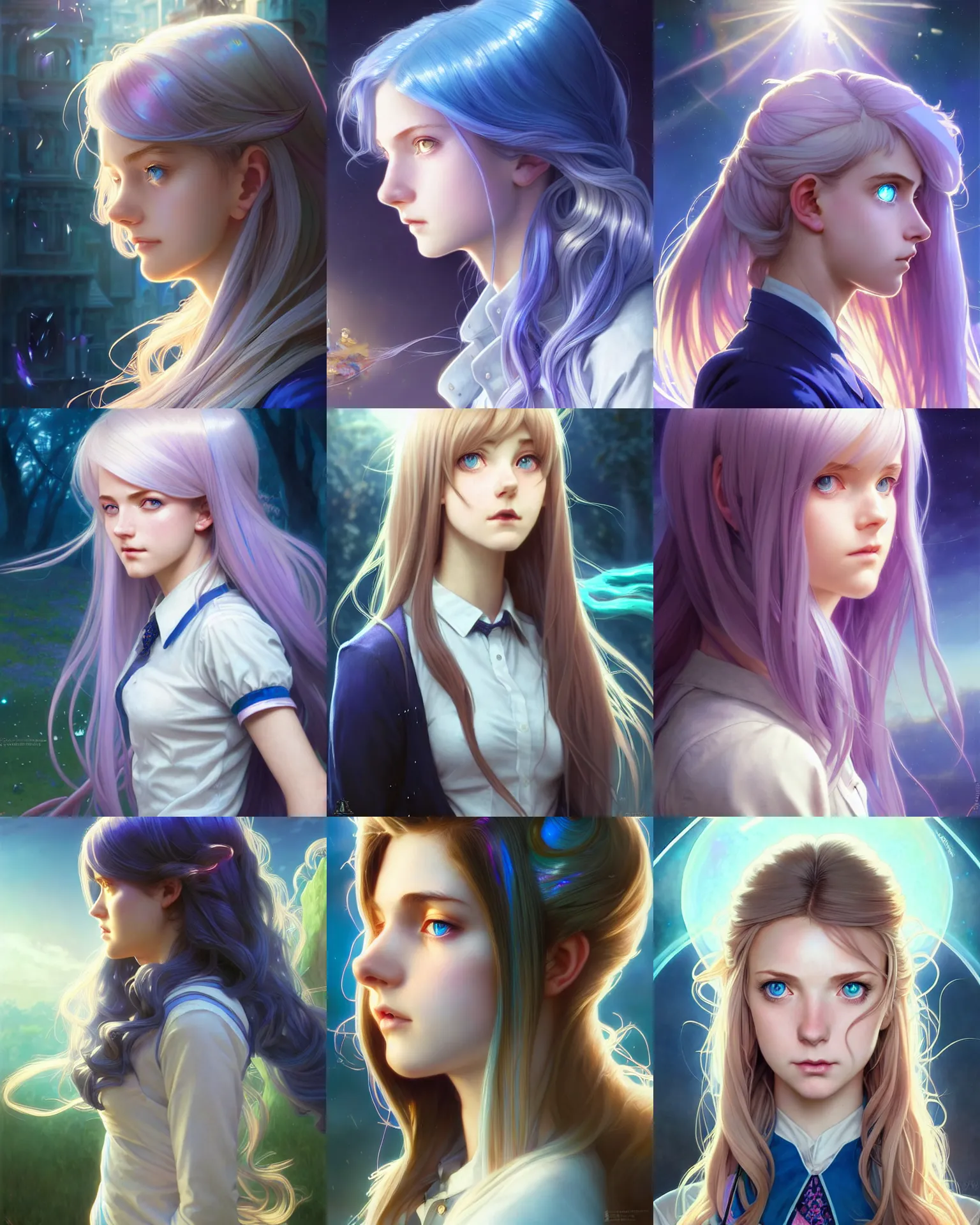 Prompt: side portrait of an innocent lost college girl, magic school uniform, iridescent hair color, blue eyes, large messy hair style, fantasy building, intricate, sharp focus, lens flare, bloom, rim light, illustration, highly detailed, digital painting, concept art, matte, art by wlop and artgerm and greg rutkowski and alphonse mucha, masterpiece
