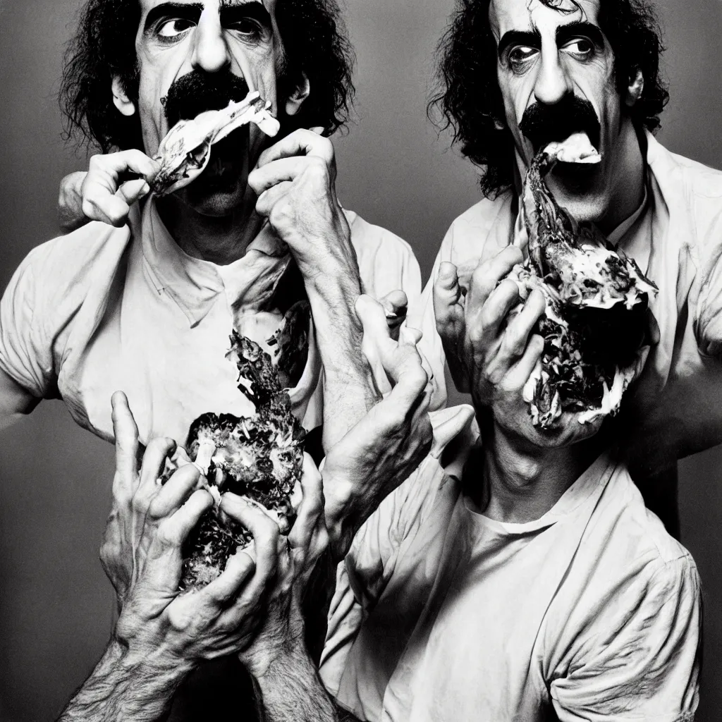 Image similar to award winning photo of frank zappa eating himself, vivid colors, happy, symmetrical face, beautiful eyes, studio lighting, wide shot art by Sally Mann & Arnold Newman