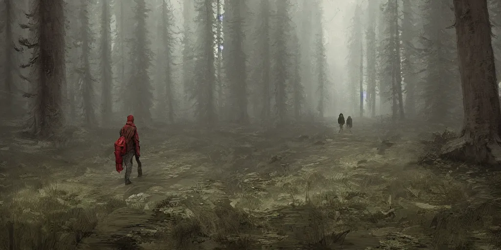 Prompt: a lone wanderer walking through a dense forest, digital art, jakub rozalski, trending on artstation