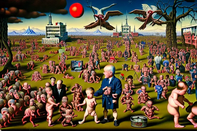 Image similar to a sparsely populated strange battle in an old hospital between old people and babies Robert Williams Mark Ryden and Alex Gross, Todd Schorr highly detailed deep perspective perfect composition