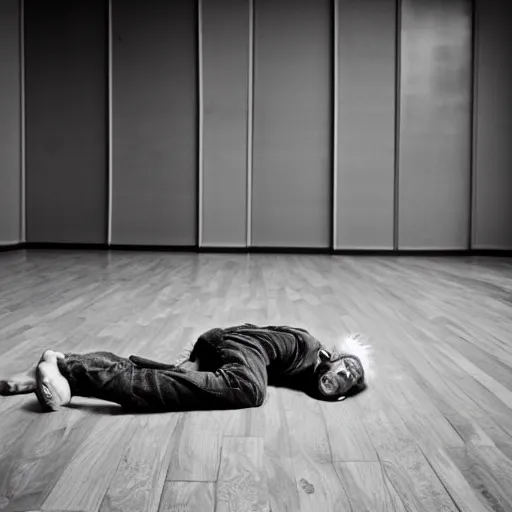 Prompt: portrait of a man lying on the floor in an empty room, fine art photography, black and white