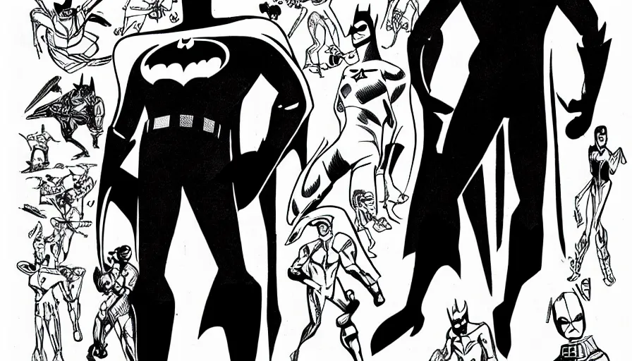 Image similar to male, elongated figure, space suit, sketch, character sheet, very stylized, batman the animated series, bruce timm, digital art, illustration, pen and ink, by mike mignola, by alex maleev
