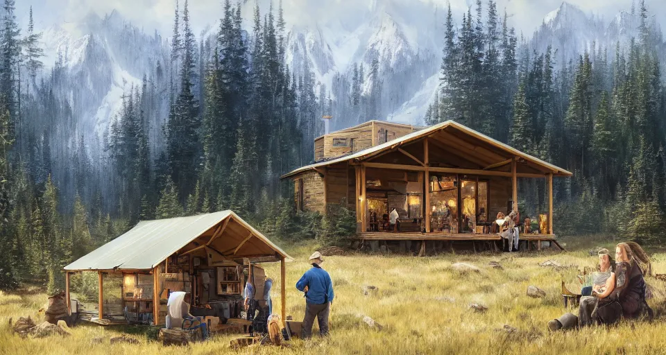 Image similar to cabela's beautiful comfortable modular pop - up insulated all terrain family dwelling, cabin,, person in foreground, mountainous forested wilderness open fields, beautiful views, painterly concept art, joanna gaines, environmental concept art, farmhouse, magnolia, concept art illustration, by james gurney, by craig mullins, by greg rutkowski trending on artstation