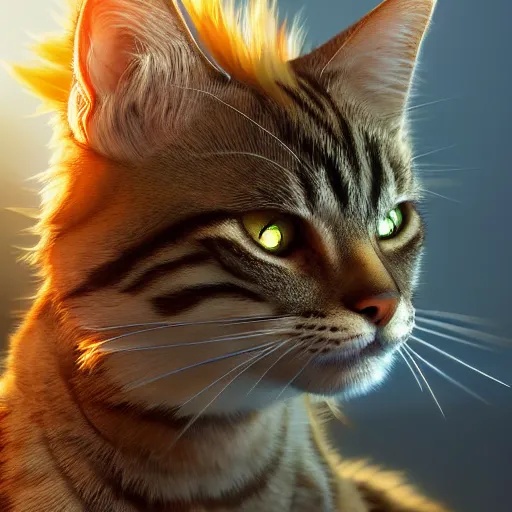 Image similar to tabby cat, golden hour, fantasy, sharp focus, digital art, hyper realistic, 4 k, unreal engine, highly detailed, hd, dramatic lighting by brom, trending on artstation, super saiyan goku hairstyle