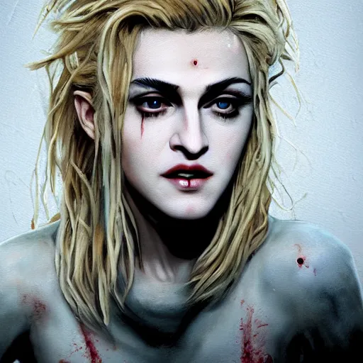 Image similar to portrait of eighties young madonna ciccone with blonde streaked hair as a zombie with cuts on face, 7 days to die zombie, fine art, award winning, intricate, elegant, sharp focus, cinematic lighting, highly detailed, digital painting, 8 k concept art, art by guweiz and z. w. gu, masterpiece, trending on artstation, 8 k