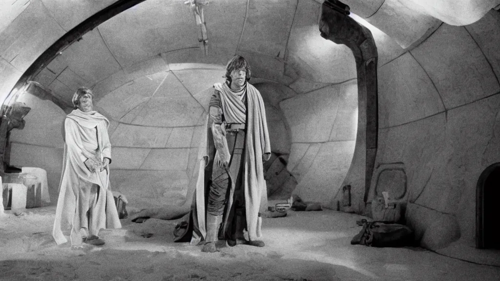 Prompt: film still tatooine A new hope Luke skywalker looks at suns moisture farm dome house