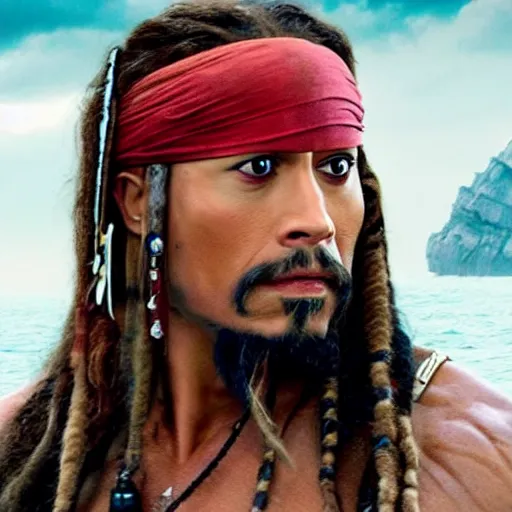 Image similar to Dwayne Johnson as jack sparrow, film still