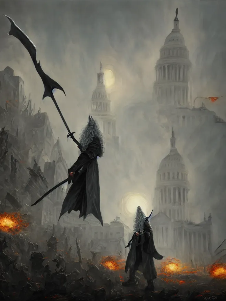 Image similar to gandalf attacks the white house, epic dark fantasy horror stylized oil painting by ivan shiskin. trending on artstation