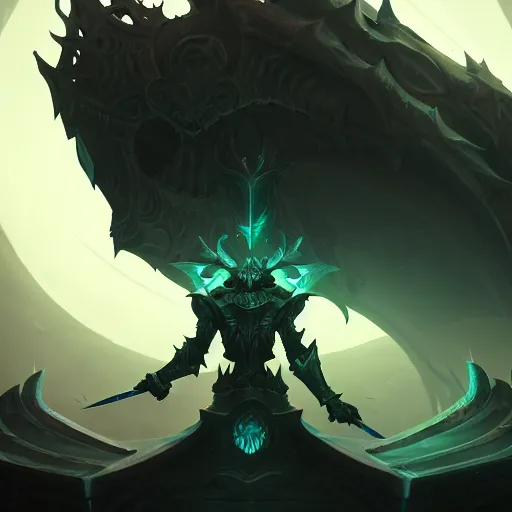 Image similar to The blade of the ruined king, digital illustration, futuristic statues, glow in the dark, ethereal, the void, ominous background, very detailed, stylized, concept art, trending on artstation, high definition, by Riot Games, League of legends