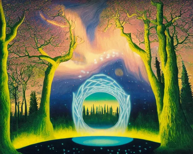 Image similar to Enchanted forest, with a magical portal gate leading to Paradise, with Aurora Borealis in the sky, by John Avon and René Magritte, oil on canvas