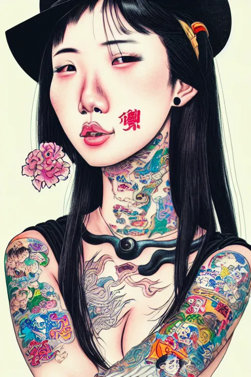 Image similar to full view of taiwanese girl with tattoos, wearing a cowboy hat, style of yoshii chie and hikari shimoda and martine johanna and will eisner, highly detailed