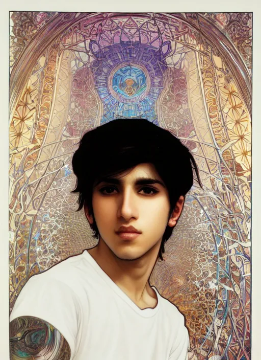 Image similar to beautiful medium shot portrait of a young arabic man inspired by ayami kojima with short hair dressed with a white t - shirt looking into the camera from three - quarters, white background white bank studio light, art by yoshitaka amano, alfons mucha, final fantasy, high quality, 8 k