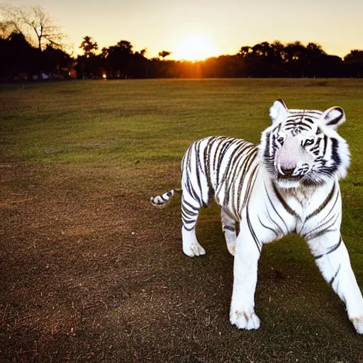 Prompt: a low angle photo of a white tiger fox hybrid, at the golden hour, sunset, sunrise, warm lighting, strongshadows, photo by slim aarons, award winning, 4 k, from below, worms - eye - view, low angle