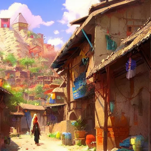 Image similar to colorful Kurdish village, anime, a fantasy digital painting by Greg Rutkowski and James Gurney, trending on Artstation, highly detailed