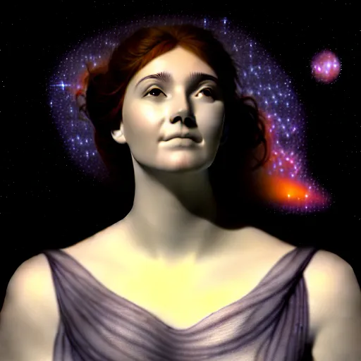 Image similar to hypatia dreaming of galaxies and nebulae, photorealistic