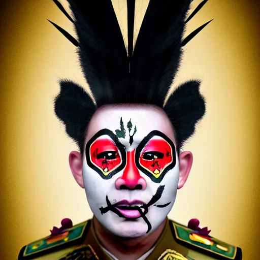 Image similar to photorealistic portrait photograph of a crazy army general with painted face as in chinese peking opera and rastafarian color hair with spikes and rings in pierced face ears and nose like punks