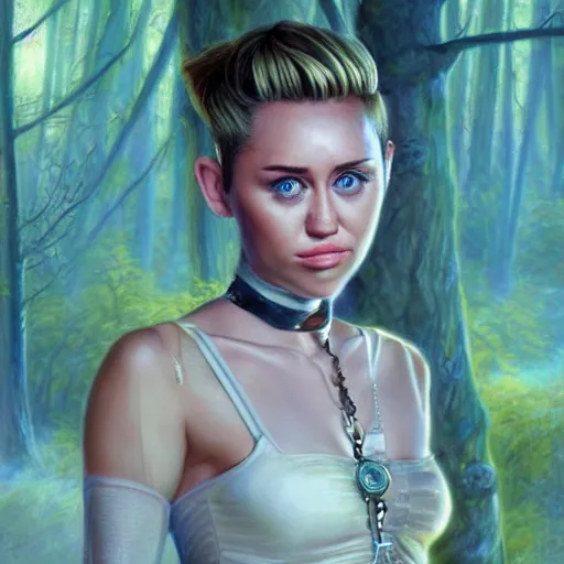 Image similar to miley cyrus as a detective, looking for clues, cute and adorable, pretty, aesthetic forest, portrait, matte fantasy painting, DeviantArt, Artstation, by donato giancola, ralph horley, loish, cinematic lighting