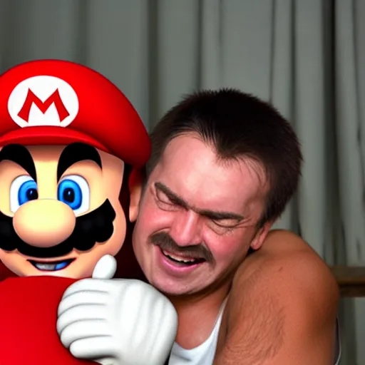 Image similar to a large super mario smiling while holding a screaming crying kid in his arms