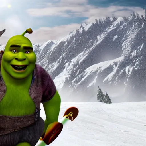 Image similar to shrek skiing, angry, full body shot, cinematic lighting, studio quality