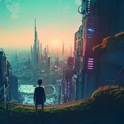 Image similar to alone person tempted by the desperate call of the void, futuristic cityscape, wide shot unreal 5 render, studio ghibli, vivid colors, beautiful sunset, digital art, octane render, beautiful composition, trending on artstation, award winning photograph, masterpiece