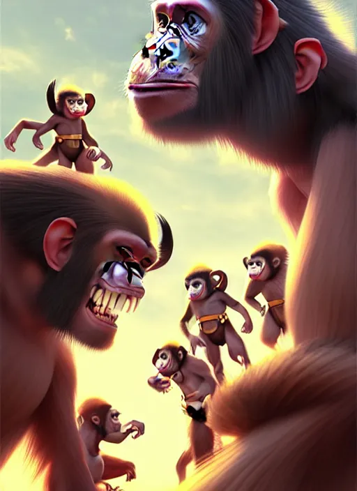 Prompt: of group of ape kids in costumes getting ready for battle against the heavens, perfect face anatomy, establishing cinematic movie scene of a cinematic scene, intricate, elegant, highly detailed, artstation, art by artgerm, anime, stylish, concept art, smooth, sharp focus, wlop