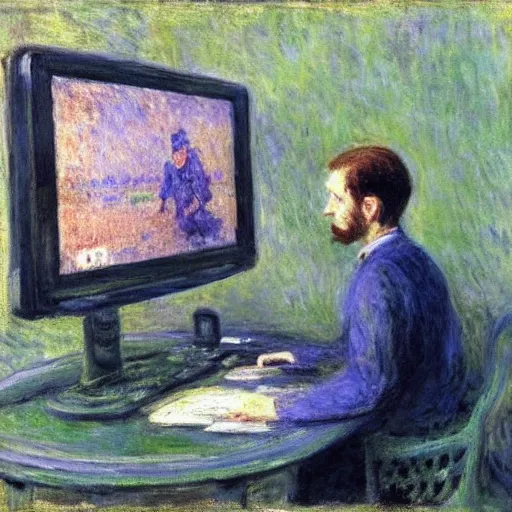 Image similar to monet painting of a skinny man playing warzone on a computer, a soccer game is on the tv behind him, highly detailed, realistic,