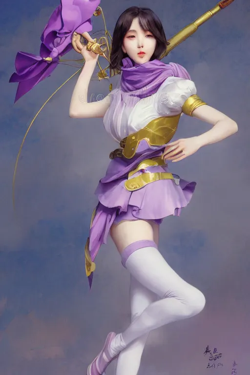 Image similar to Full View of Eunha from Viviz and gFriend with short hair wearing a purple military uniform and short puffy pants, white leggings, Golden Ribbon, and a billowy scarf. Rhythmic gymnastics poses. masterpiece 4k digital illustration by Ruan Jia and Mandy Jurgens and Artgerm and greg rutkowski, award winning, Artstation, art nouveau aesthetic, Alphonse Mucha background, intricate details, realistic, panoramic view, Hyperdetailed, 8k resolution, intricate art nouveau