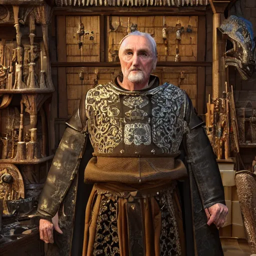 Image similar to full body portrait photo of Dennis hopper as a devious medieval lord in a giant medieval Shop, unreal engine, octane render, intricate details, 8k high definition, beauriful, ornate, hypermaximalistic