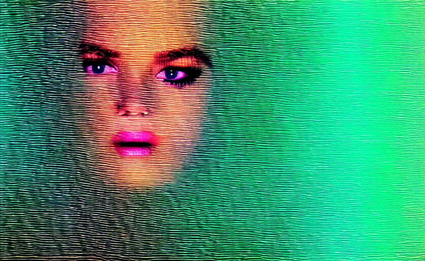 Image similar to vhs glitch art portrat of a woman hidden underneath a sheet, static colorful noise glitch, 1 9 8 0 s