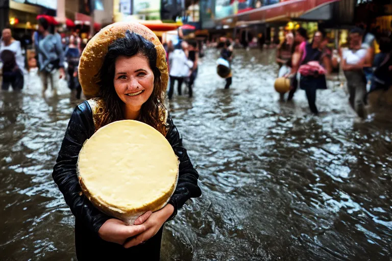 Image similar to closeup portrait of a woman carrying a wheel of cheese over her head in a flood in Rundle Mall in Adelaide in South Australia, photograph, natural light, sharp, detailed face, magazine, press, photo, Steve McCurry, David Lazar, Canon, Nikon, focus