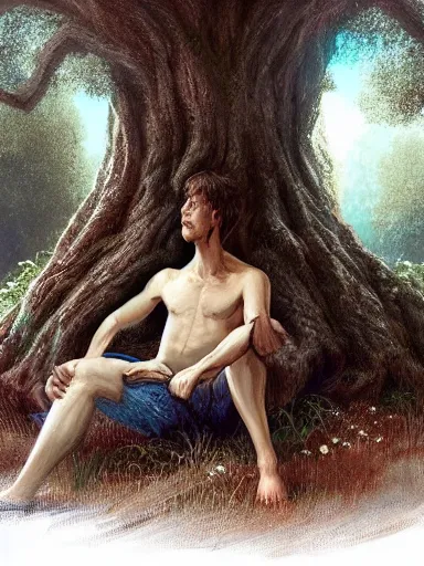 Prompt: a grumphy man, legs crossed, arms crossed. under a tree. intricate, elegant, highly detailed, digital painting, artstation, concept art, sharp focus, illustration, by justin gerard and artgerm, 8 k