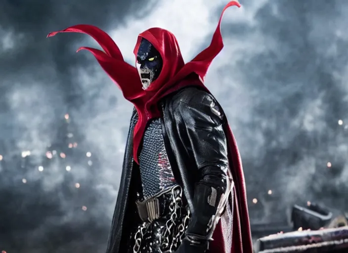 Image similar to film still of jamie foxx as spawn in the new spawn movie, giant chains, large cape, 8 k