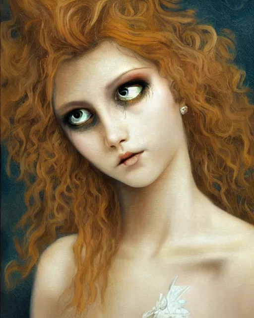 Image similar to a beautiful and eerie baroque painting of a gorgeous young woman from vampire the masquerade bloodlines, with wild hair and haunted eyes, 1 9 7 0 s, afternoon light, delicate embellishments, painterly