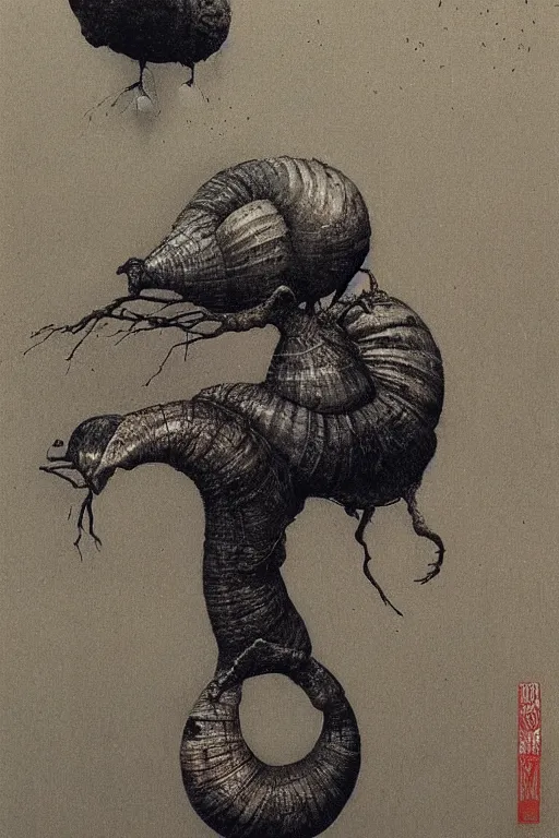 Image similar to snail crows painted by beksinski