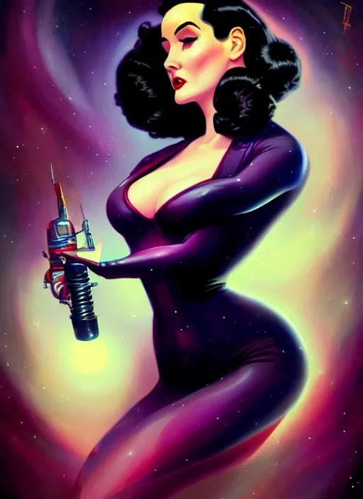 Image similar to a retro sci - fi pinup illustration of dita von teese in the style of anna dittmann and in the style of charlie bowater.