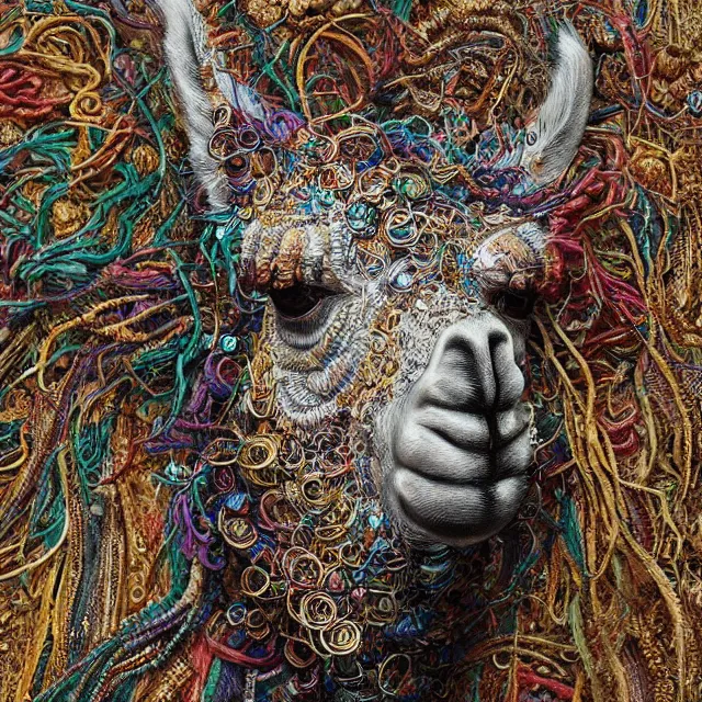 Image similar to llama with dreadlocks, detailed, by ernst haeckel, james jean, el anatsui, mandy jurgens