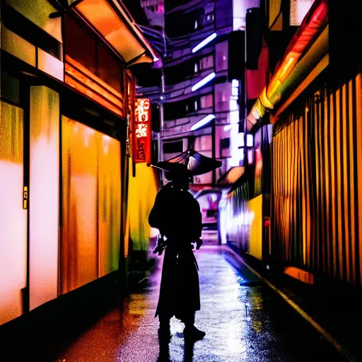 Prompt: photograph of a samurai warrior in a post modern Japan, neon lights, night, dark, volumetric light, raining, high contrast, epic