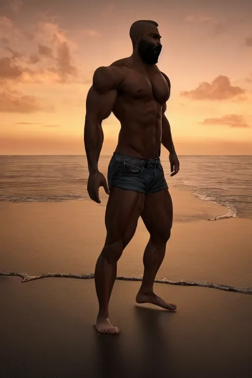 Image similar to a very muscular and defined man wearing ripped pants and shirt looking to the sea at sunset, godrays, complementary colors, natural lighting, portait image, path tracing, serene landscape, high quality, highly detailed, 8K, soft colors, warm colors, turbulent sea, high coherence, anatomically correct, hyperrealistic, concept art, defined face, five fingers