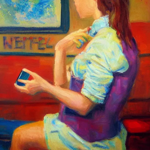 Image similar to a vivid impressionistic painting of a bored woman, she is holding a smartphone, oil on canvas, trending on artstation