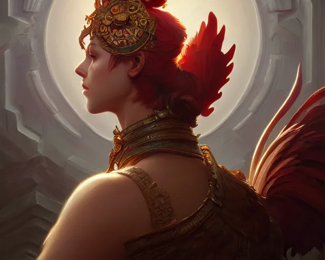 Image similar to rooster, deep focus, d & d, fantasy, intricate, elegant, highly detailed, digital painting, artstation, concept art, matte, sharp focus, illustration, hearthstone, art by artgerm and greg rutkowski and alphonse mucha