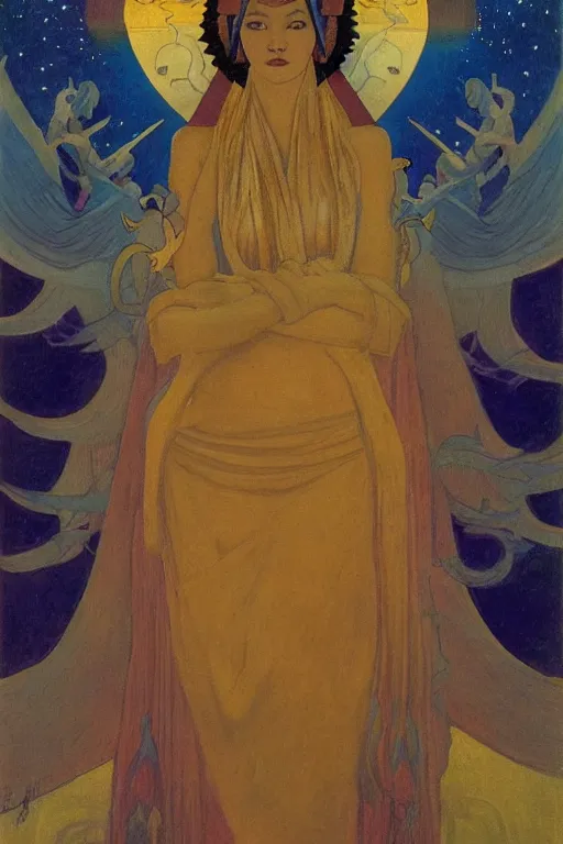 Prompt: queen of twilight with stars in her hair by Nicholas Roerich and Annie Swynnerton and Diego Rivera and jean delville, dramatic cinematic lighting , ornate headdress , flowing robes, sacred artifacts, lost civilizations, smooth, sharp focus, extremely detailed