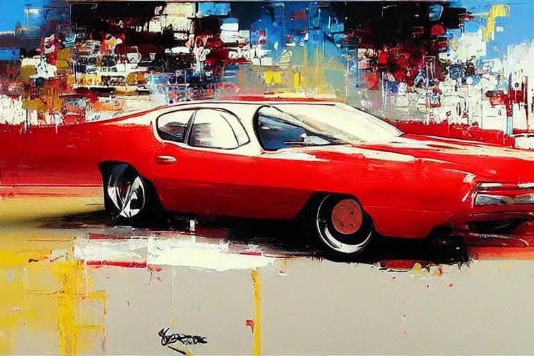 Image similar to red car, white background!!!!!!!!!!, style by John Berkey