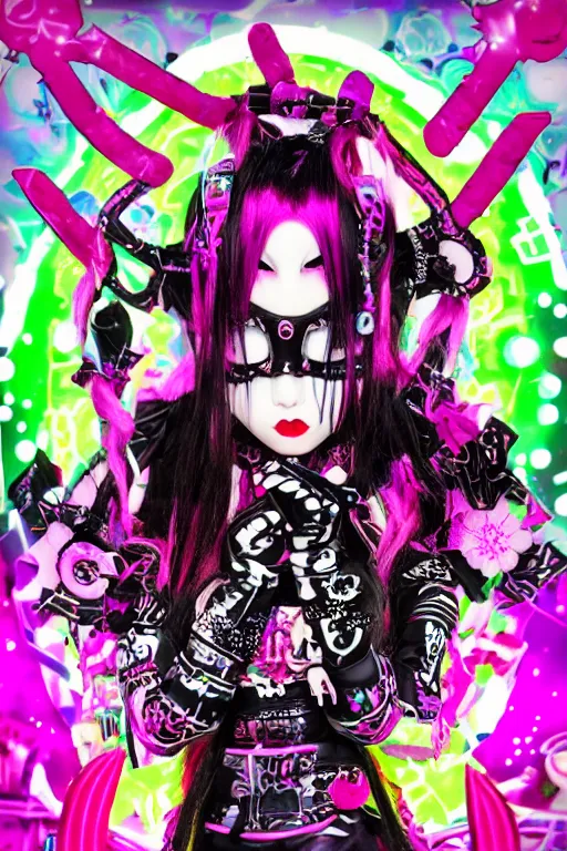 Image similar to cybergoth decora glitchcore yokai girl, sanrio ornaments, pastel cute cinematography | spiked korean bloodmoon sigil stars draincore, gothic demon hellfire hexed witchcore aesthetic, dark vhs gothic hearts, neon glyphs spiked with red maroon glitter breakcore Y2K horrorcore metal album cover