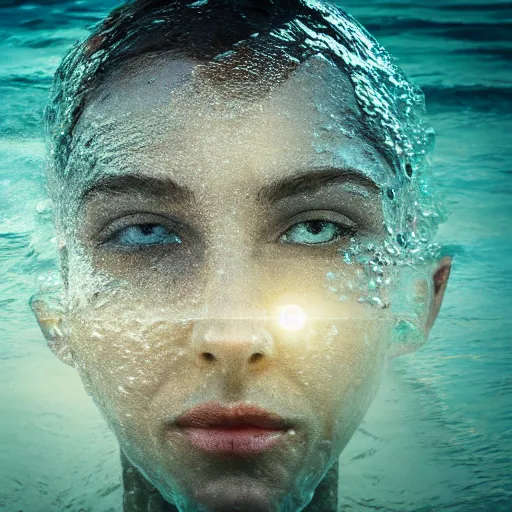 Image similar to water artwork manipulation in the shape of a human head, on the ocean water, ray tracing, realistic water sharp focus, long shot, 8 k resolution, cinematic, amazing water art