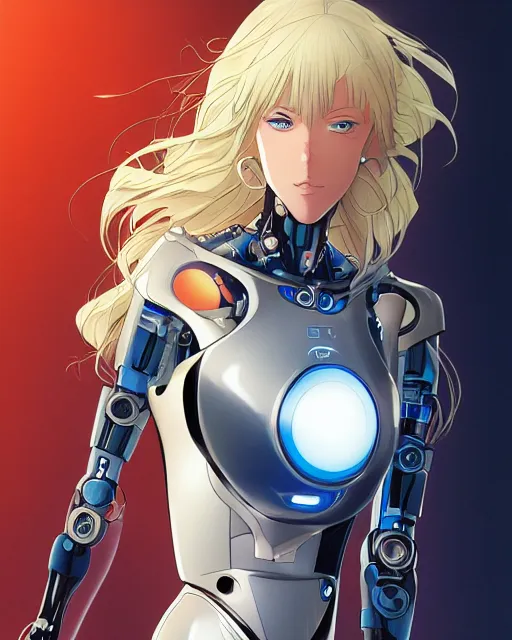 Image similar to portrait of a blonde woman with blue eyes as a robot, cybernetic enhancements, art by makoto shinkai and alan bean, yukito kishiro